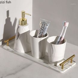 Bath Accessory Set Marble Texture Ceramic Bathroom Accessories Portable Soap Dispenser Golden Handle Storage Tray High Quality Supplies