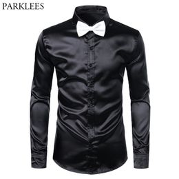 Black Silk Satin Dress Shirt With White Bow Tie Slim Fit Long Sleeve Mens Dress Shirts Club Party Wedding Male Tuxedo Shirt 3XL 210522