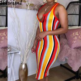 Colorful Stripes Dress Sexy Deep V Strapless Off Shoulder Nightclub Sleeveless Knee-Length & Club Fashion Clothing 210513