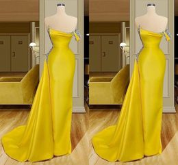 Yellow One Shoulder Mermaid Prom Evening Dress Open Back Beaded Crystal Satin Formal Gowns Elgeant African Women Plus Size Custom Made