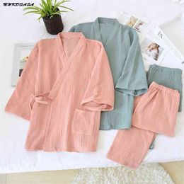 NHKDSASA Kimono Pyjamas V-Neck Cotton Crepe Pijamas Women 2 Piece Set Double Layer Gauze Sleepwear Sleep Tops Men Homewear Mujer 210830