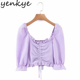 Fashion Women Vintage Solid Summer Crop Top Female Front Drawstring V Neck Puff Sleeve Casual Chiffon Tops 210430