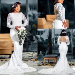 2022 Designer Mermaid Wedding Dresses Bridal Gown Long Sleeves Scoop Neck Sweep Train Lace Applique Illusion Back Custom Made Plus Size Country Vestido De Novia 403