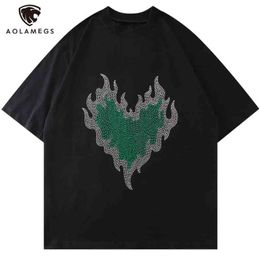 Aolamegs T-shirt Men Diamond Flame Heart Hip Hop Style Men's Tee Shirts Baggy Hipster High Street Cool Summer Streetwear Fashion G1229