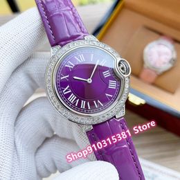 Classic Women Rose Gold Geometric Quartz Watches Stainless Steel Rome Number Wristwatch Female Purple Leather clock 36mm