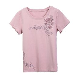 021 Vintage Flower Mesh Hollow T-Shirt Cotton Short Sleeve Plus Size Pink Tee Femme Clothes Diamonds Summer T Women 210507