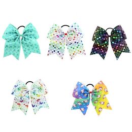 5 Colour Girls 8 Inch Unicorn Heart Print Cheer Bows Ponytail Holder Bow Elastic Hairband Rubber Rope Beautiful