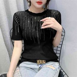 summer Womens knitting drilling T-Shirts Short Sleeves Solid Color O Neck Women T shirt Tops women fashion clothing 210507