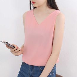 Korean Women Tops Chiffon Blouses for V-neck White Woman Sleeveless Shirt Plus Size Solid Pink Blouse 210604