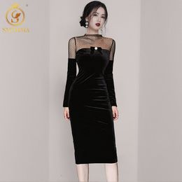 Autumn Vintage Long Sleeve Dot Mesh Patchwork Velvet Knee Length Dresses Black For Female Vestidos 210520