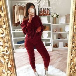 2Pcs Winter Solid Colour Shoulder Sweater Pants Women Knitted Pyjamas Set Y0625