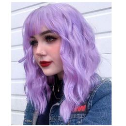 grey wig cosplay Australia - Short Wavy Bob Grey Wigs Natural Curly Hair Synthetic Wigs for Women Cosplay Daily Party Purple Wig For Women Easy To Washfactory direct