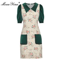 Fashion Designer dress Autumn Women's Dress Short sleeve Floral Print Hollow Out Embroidery Package buttocks Dresses 210524