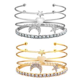 4pcs/set Crystal Star Moon Bangle Set Multilayer Love Heart Charm Gold Colour Open Cuff Bangles Adjustable Jewellery for Women Q0719