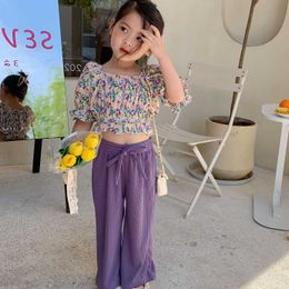 Kids Boutique Clothing Wholesale Baby Girl Summer Clothes Sets Floral Crop Top and Long Pants Children Clothing Sets 210715