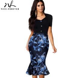 Nice-forever Summer Floral Printed with Sweat-Heart Neck Dresses Bodycon Women Elegant Mermaid Dress B376 210419