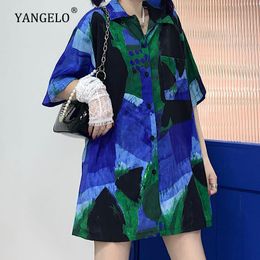 Yangelo Harajuku Shirt Thin Section 2021 Summer Short Sleeve Casual Loose Streetwear Girl Blue Painted Fashion Blouse Punk Women's Blouses &