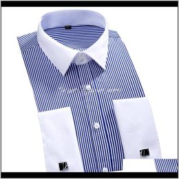 Mens Clothing Apparel Drop Delivery 2021 Design White Collar Striped Cufflinks Long Sleeve French Cuff Party Men Dress Shirts Plus Size 4Xl 4