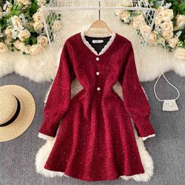 Spring Autumn A Line V Neck Puff Sleeve High Waist Women Dress Casual Solid Slim Single Breasted Dresses 210430