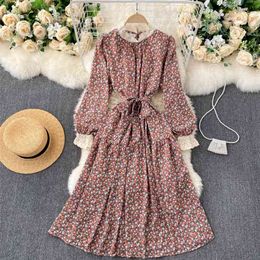 Lady Fashion Autumn and Winter Lace Stand Collar Slim Print Dress Women Long Sleeve Elegant Clothes Vestidos Q451 210527