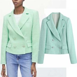 Women Summer Casual Blazers Coats Suit ZA Solid Double Breasted Notched Female Elegant OL Short Blazer Clothes 211006