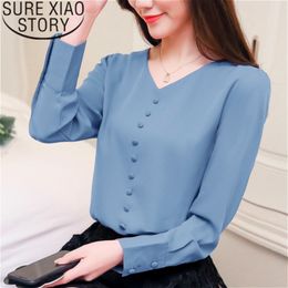 Womens Tops Blusas Mujer De Moda Korean Fashion Clothing Chiffon Blouse Button Solid V-Neck White Blouses 2308 50 210415