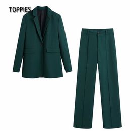 Woman Suit Pants Two Piece Set Singe Button Jacket Blazer High Waist Straight Office Ladies 210421