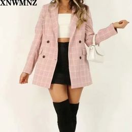 Za Vintage Double Breasted Plaid Women Blazer Pockets Jackets Female Retro Suits Coat Feminino blazers Outerwear high quality 210510