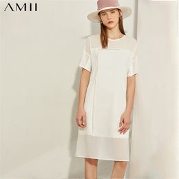 Minimalism Spring Summer Fashion Spliced Thin Women Dress Causal Oneck Solid Loose Knee-length Female 12080039 210527