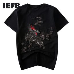 IEFB Men's Chinese Style Kirin Embroidered T-shirt Loose Round Neck Cotton Tee Tops Man's Wear Casaul Loose Clothes 9Y5879 210524