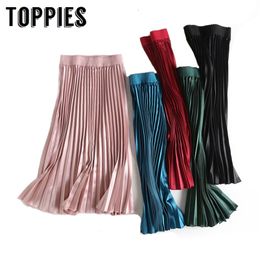 Spring Pink Satin Skirts Womens Black Midi Pleated Ladies Elegant Party Clothes Streetwear 210421