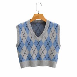 argyle knitted sweater vest women sleeveless v neck casual streetstyle khaki sweater vest autumn winter blue vest 210415