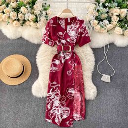 SINGREINY Retro Print Irregular Dress Women V Neck Short Sleeve Sashes Slim Dresses Summer Chic Splice Lace Split Midi Dress 210419