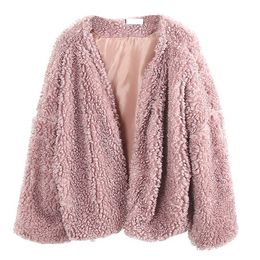 PERHAPS U Women Faux Lambswool Oversize Teddy Jacket Coat Winter Warm Jacket Autumn Outerwear Pink Black White C0012 210529