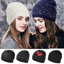 Winter Autumn Beanie Hats Women Soft Knitting Beanies Hat Female Fashion Rhinestone Cotton Hat Cap Rhinestone pullover knit cap Y21111