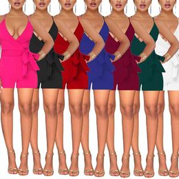 OMSJ Office Ladies Casual Fashion Spaghetti Strap Jumpsuit Shorts Summer V Neck Backless Sexy Solid Colour Rompers Overalls 210517