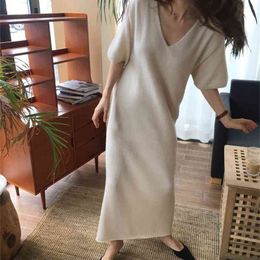 spring Super Long Cashmere Knitting Dress Over-the-knee Loose Hair Dress Render Temperament Dress with Short Sleeves 210522