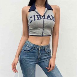 Letter Printed Halter Y2k Crop Top Women Tanks Summer Sexy Backless Casual Turn-Down Collar Girls Shirt Female Party Tee 210510