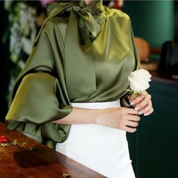 Women Satin Blouse Fashion Top Elegant Bow Tie Neck Lantern Sleeve OL Office Shirt Casual Blusas Mujer 210529