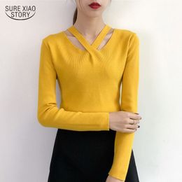 Korean Autumn Winter Sweaters Casual Solid Long Sleeve Female tops Slim White Yellow Black Grey Women Sweater 5046 50 210417