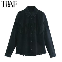 TRAF Women Fashion Fringe Trims Loose Denim Jacket Coat Vintage Long Sleeve Frayed Tassel Female Outerwear Chic Tops 210415