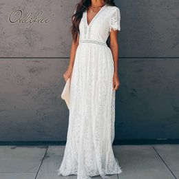 Ordifree 2021 Summer Vintage Women Maxi Party Dress Short Sleeve White Lace Long Tunic Beach Dress Vocation Holiday Clothes Y0603