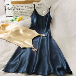 Summer Women Satin Party Spaghetti Strap Vintage Sexy Sleeveless Silk Slip Dress 210415