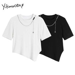 Yitimuceng Irregular T Shirts Woman Chain Skinny short sleeve Tees Unicolor White Black Tops Summer Fashion Tshirts 210601