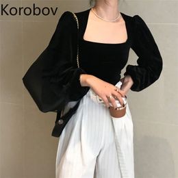 Korobov Korean Chic Puff Sleeve Women Blouse Vintage Elegant Square Collar Velour Mujer Blusas OL Black Blusas Femininas 79408 210430