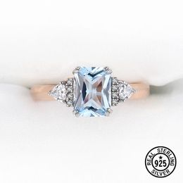Sterling Silver Wedding Rings Gemstone Blue Topaz Rose Gold Plated For Women Luxury Elegant Fine Jewellery Unusual Accessories Cluster