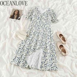 Summer Dress Floral Print Puff Sleeve Vintage A-line High Waist Sweet Vestidos Korean Ins Fashion Woman Dresses 210415