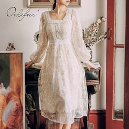 Summer Women Embroidery Party Long Sleeve Vintage Floral Embroidered Tulle Dress 210415