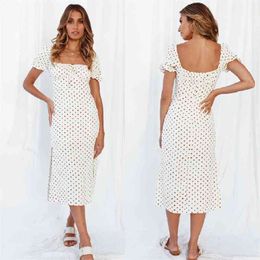 Summer Style Short-Sleeved Polka-Dot Print Chest Lace-Up Hem Dress Women Sexy Square Collar Backless Maxi Femme 210517