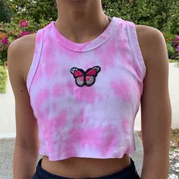 Pink Sleeveless Crop Tops Women's Butterfly Embroidery Summer Sale Solid Basic Tees Casual Ladies Tank Ropa Mujer 210517